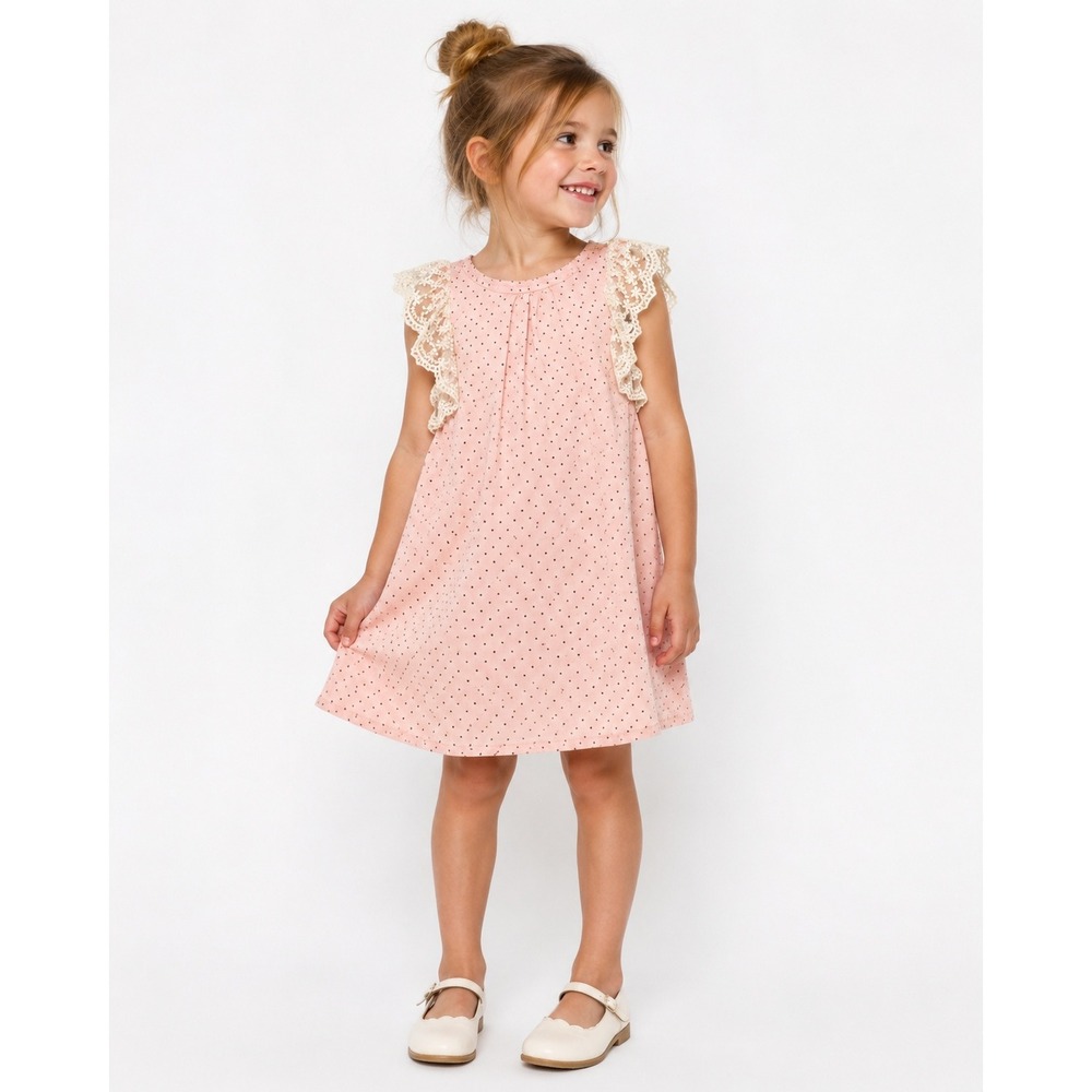 Pink Polka Dot Lace Flutter Sleeve Cotton Dress Girls 5T Coquette Romantic Fairy